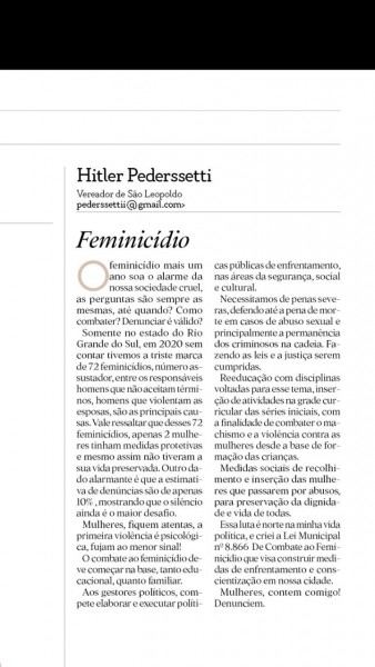 Artigo do Vereador Hitler Pederssetti sobre Feminicídio é publicado pelo Jornal Valei dos Sinos