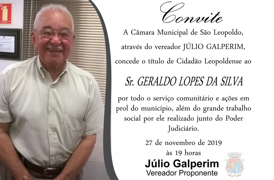 Morador de São Leopoldo há 61 anos, Geraldo Lopes será homenageado por Júlio Galperim