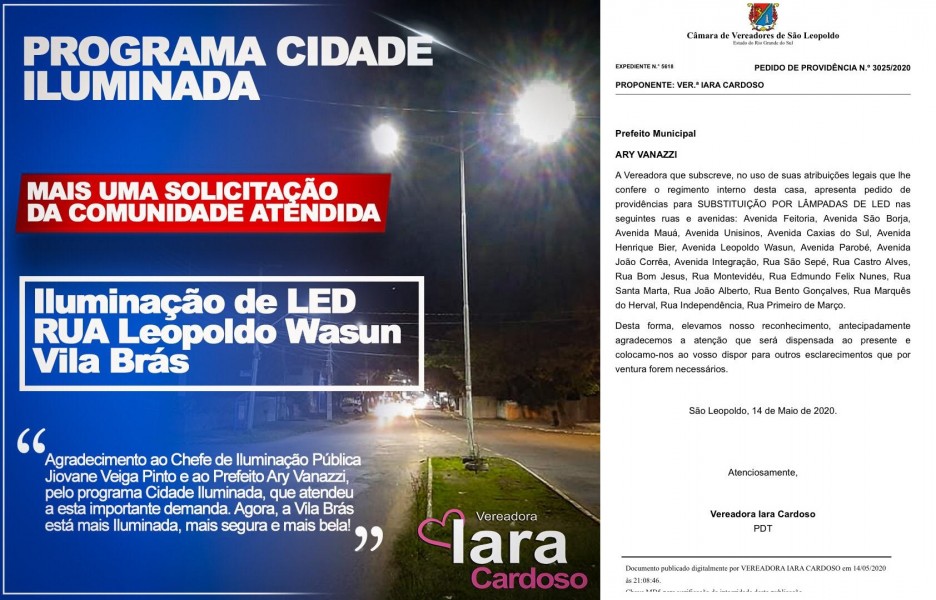 Iara Cardoso saúda troca de iluminação pública em ruas e avenidas