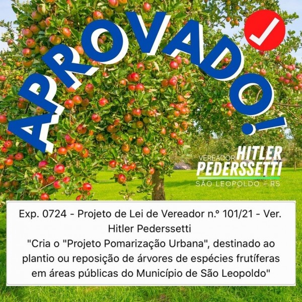 Pomarização, alimentos para as famílias, preservação e recuperação ambiental. O projeto de lei do vereador Hitler Pederssetti é aprovado!
