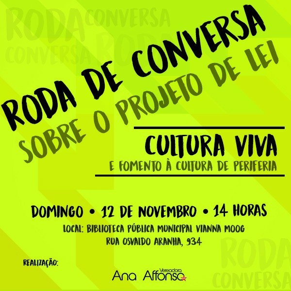 Cultura Viva será tema de Roda de Conversa  promovida pela vereadora Ana Affosno, no domingo, na Praça da Biblioteca